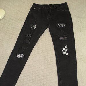 CHIC! Amiri Women's 30 Black Destroyed with Bling and Patterned Patches Jeans